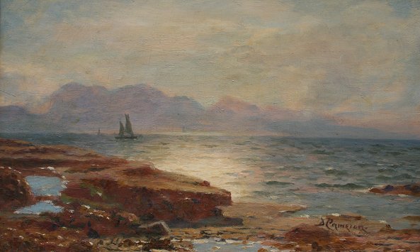 DUNCAN CAMERON ARRAN COAST SCOTTISH PAINTING: CAMERON, Duncan, (British, 1837-1916): ''Arran from the Ayrshire Coast'', OIL/Canvas, 10'' x 16'', signed, period gilded gesso frame with wear and repair, 18'' x 24'', J.H. Jagger label verso, with an