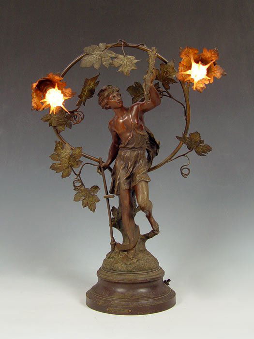 CHARLES S LEVY FIGURAL SPELTER LAMP: "MOISSONEUR", FIGURAL PATINATED SPELTER LAMP BY CHARLES LEVY": 21" h., 15" w., signed, with original working antique light bulbs.