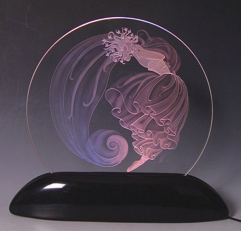 ERTE LUMINAIRE: ERTE LUMINAIRE: Glass insert with etched design of young maiden, lights up to color, 18 1/2" x 20", etched signature in glass, numbered 71/99.