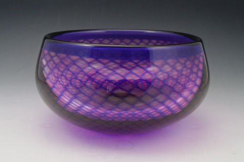 PALMQUIST ORREFORS KRAKA ART GLASS VASE: SVEN PALMQUIST ORREFORS KRAKA ART GLASS BOWL: Purple and blue encased in clear. Engraved ''Orrefors Kraka No 558 Sven Palmquist''. 4 1/2'' h., rim is 7'' dia.