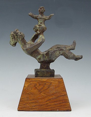 CHAIM GROSS BRONZE: GROSS, Chaim, (American, 1904-1991): Mother & Child, Bronze, 5" h. x 5 1/2" w., affixed to veneered wooden plinth with peeling, 7 1/2" overall, incised signature.