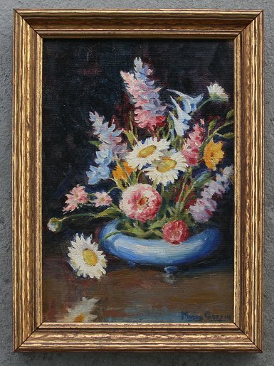 MIRIAM CORRIE FLORAL STILL LIFE PAINTING: CORRIE, Miriam, (American, 20th C.): Still Life of Flowers, OIL/Canvasboard, 8 1/2" X 7 1/4", signed, framed, 12" x 9".