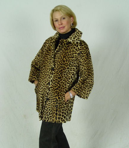 VINTAGE SPOTTED LARGE CAT FUR JACKET: VINTAGE SPOTTED CAT FUR JACKET: Length 30 1/2", shoulder to shoulder 18", sleeve 19"