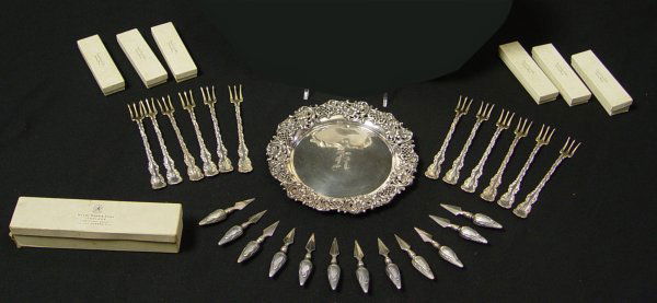 STERLING CORN PICKS, OYSTER FORKS & WINE COASTER: STERLING CORN PICKS, OYSTER FORKS & WINE COASTER: To include 1) 12 Webster corn picks (3") in original retailer Daniel Low & Co., Salem Mass. boxes. 2) 12 Whiting oyster forks with vermeil tines in th