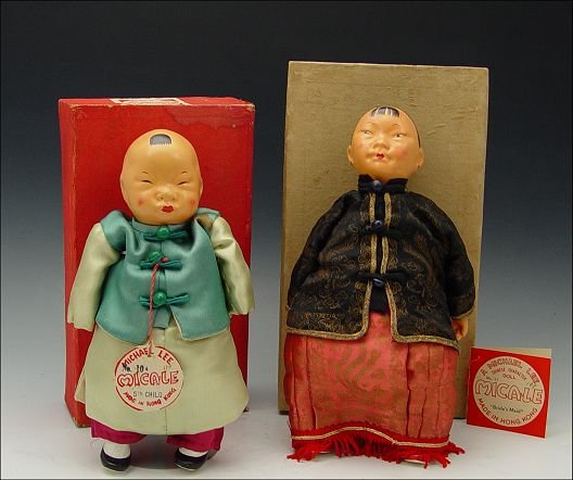 2 MICHAEL LEE MICALE CHINESE DOLLS 1950'S: 2 MICHAEL LEE MICALE CHINESE CHARACTER DOLLS CA. 1950'S: 1) "The Fifth Child", 9"h., composition, with a little piece flaked off. The original paper tag has a HAND WRITTEN NOTE TO COL. KERRICK FROM MI