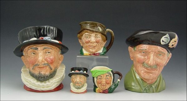 LOT OF 5 ROYAL DOULTON TOBY JUGS: LOT OF 5 ROYAL DOULTON TOBY JUGS: To include 1) Beefeater D6206 6" h. 2) Monty D6202 5 3/4" h. 3) Paddy 3 1/4" h. 4) Sairey Gamp 2 1/4" h. 5) Beefeater 2 1/4" h.