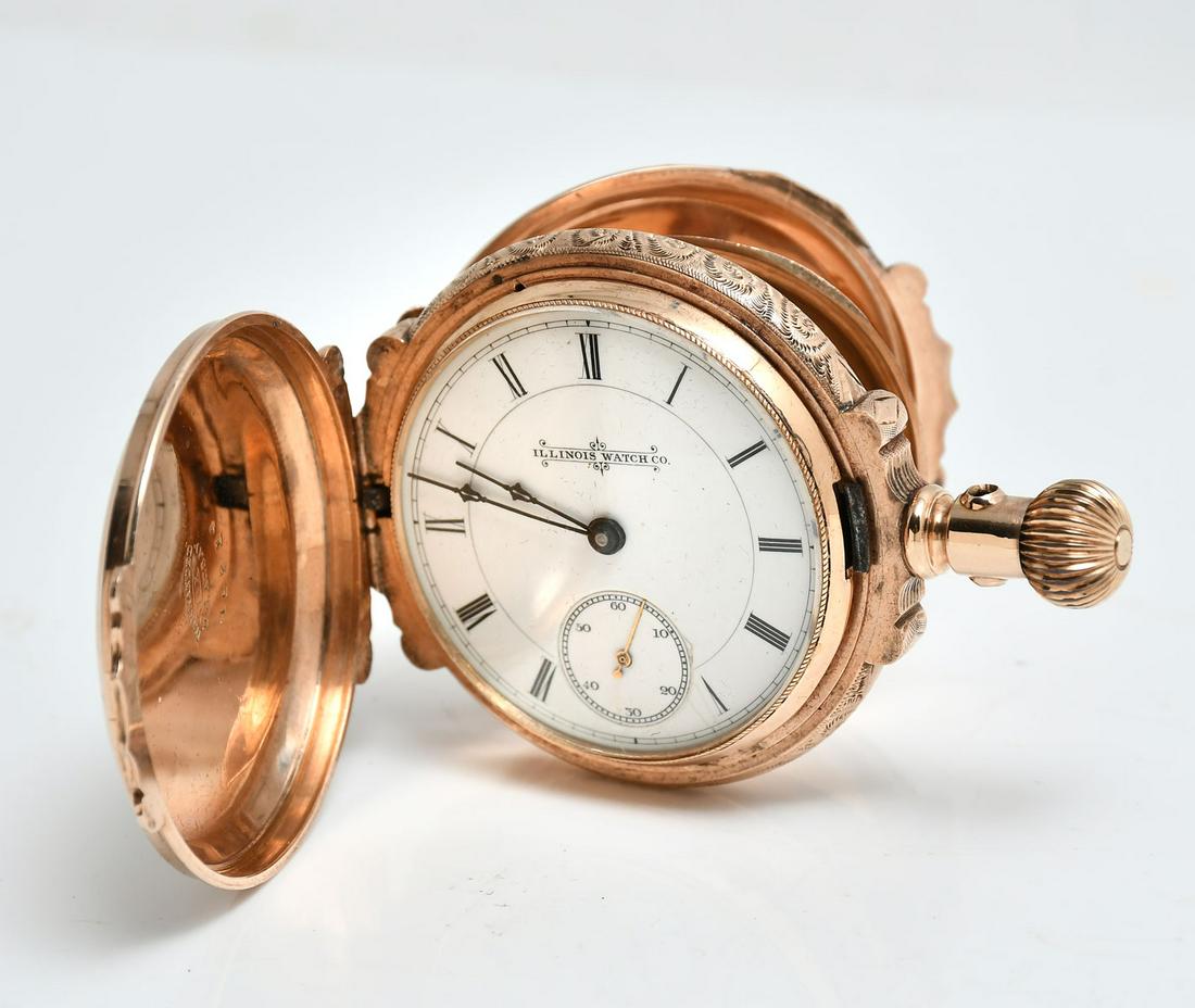 14K GOLD ILLINOIS MODEL 2 HUNTING CASE POCKET WATCH: 14K GOLD ILLINOIS MODEL 2 HUNTING CASE POCKET WATCH; An early circa 1889, size 18, 11 jewel Illinois Pocket Watch encased in a beautiful, highly embossed 14K gold hunting case. Serial number 290600, g
