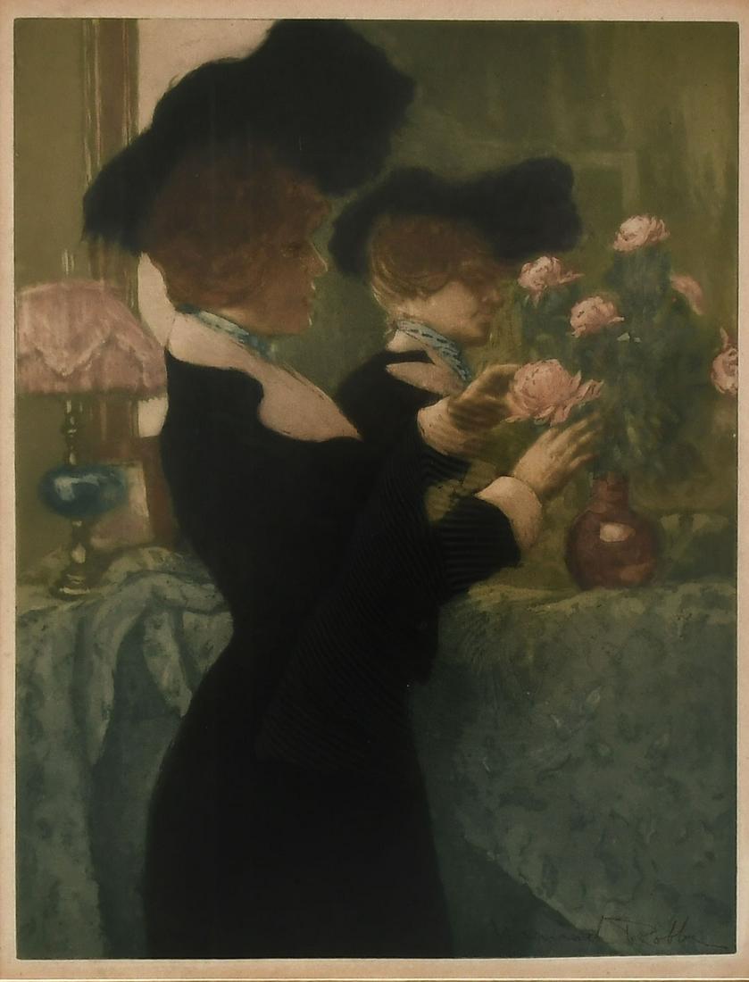 RARE MANUEL ROBBE AQUATINT: ROBBE, Manuel, (French, 1872-1936): "Femmes Au Pivoines", Color Aquatint Edition of 100, sight size 17" x 13.5", pencil signed lower right, artist bio affixed verso along with original label and Merri