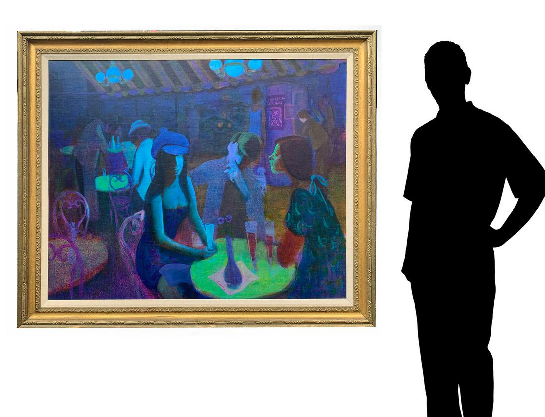 GUSTAV LIKAN PARIS BY NIGHT PAINTING: LIKAN, Gustav, (Yugoslavian, 1912-1998): "Paris by Night" a Cafe Scene, Oil/Canvas, 40" x 50", signed upper right, framed, 48.25" x 58.5", with Merrill Chase certificate of authenticity.