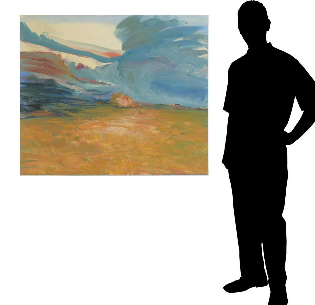 TIM TROUT PAINTING SEA OF WHEAT: TROUT, Tim, (American, 20th Century): Sea of Wheat, (So Much Hay!), Oil/Canvas, 34'' x 40'', signed lower left, dated '93, signed titled and dated verso, unframed.