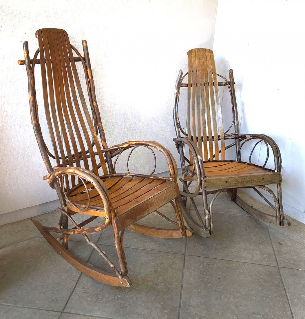 2 VINTAGE BENTWOOD ROCKING CHAIRS: 2 VINTAGE BENTWOOD ROCKING CHAIRS: Adirondack bentwood rocking chairs. Largest Approx. 44.5" h x 23" l x 37.25" w.