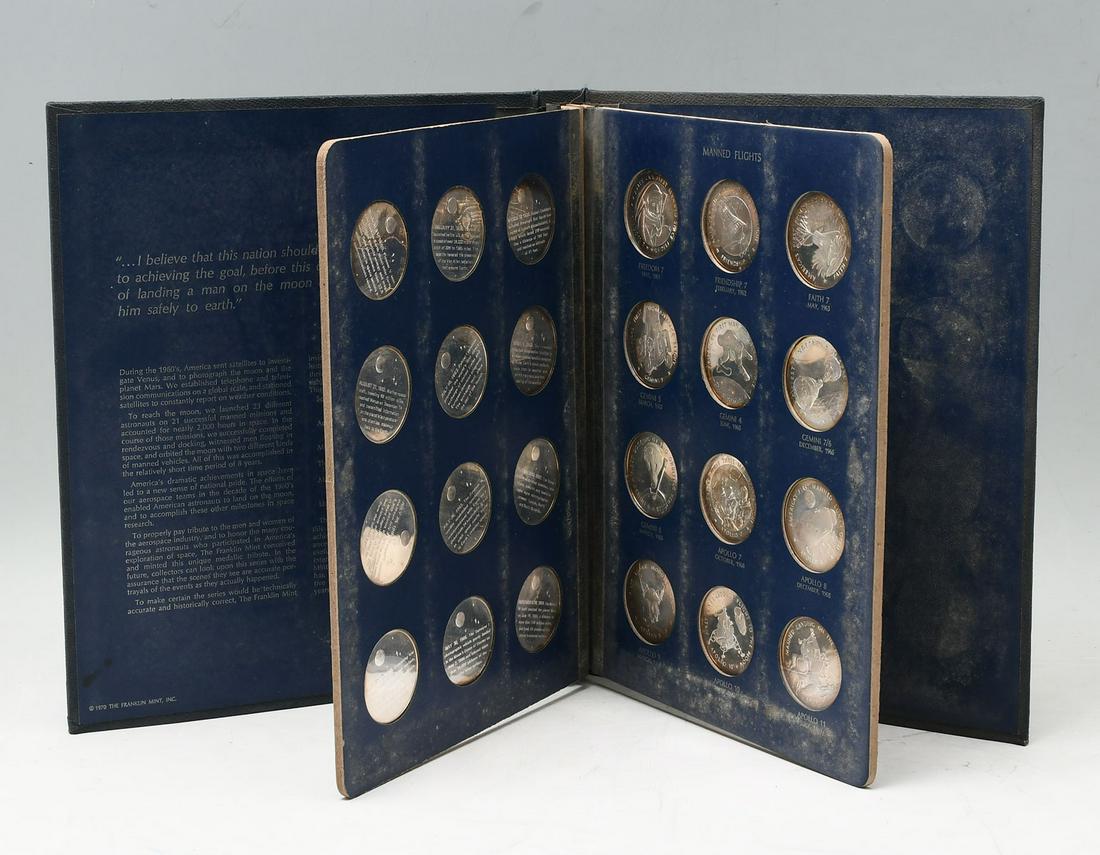 1970 FRANKLIN MINT STERLING ''AMERICA IN SPACE'' PRO: 1970 FRANKLIN MINT STERLING ''AMERICA IN SPACE'' PROOF SET: 24 pc. One ounce Sterling silver. All reside in original book. Approx. 10.75'' h x 8.75'' l x 1.25'' w. Also included; The original receipt