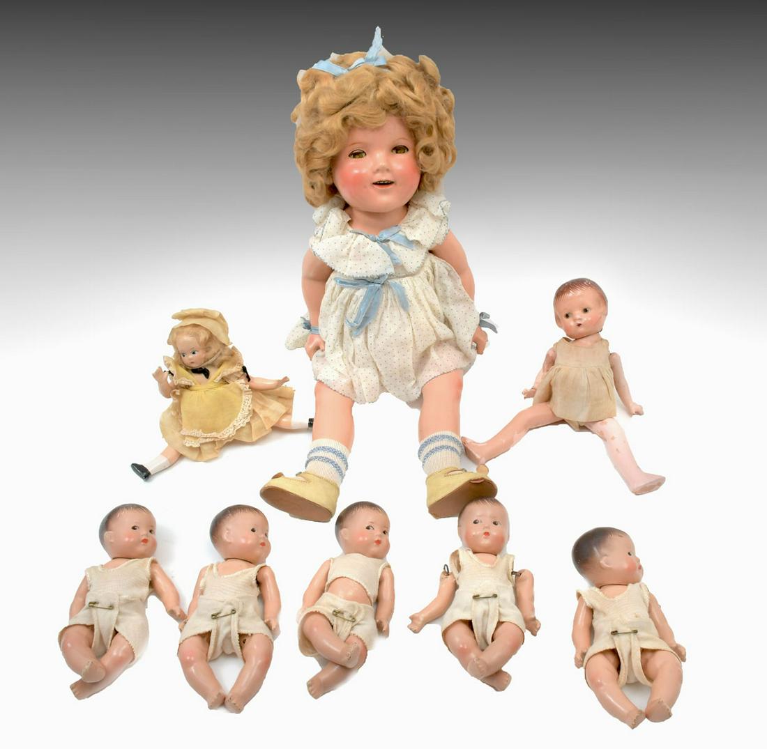 8 PC. DOLL COLLECTION: 8 PC. DOLL COLLECTION: Comprising; 1- Ideal Shirley Temple doll with moving eyes, 1- Madame Alexander doll, 1- Patsyette doll, & 5- Madame Alexander Dionne Quint dolls. Largest Approx. 20.5'' h.