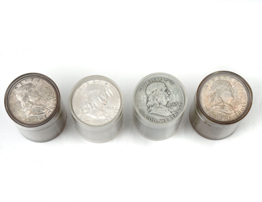 4 BEN FRANKLIN SILVER HALF DOLLAR ROLLS: 4 BEN FRANKLIN SILVER HALF DOLLAR ROLLS: Mixed years of Benjamin Franklin Silver half dollar rolls. All ungraded.