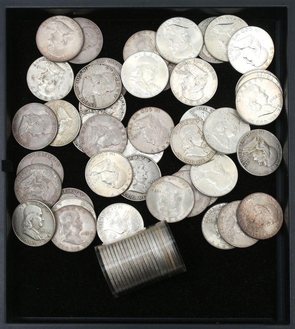 63 PIECE BEN FRANKLIN SILVER HALF DOLLARS: 63 PIECE BEN FRANKLIN SILVER HALF DOLLARS: Comprising 1- roll & 43 loose Silver half dollars. All ungraded.