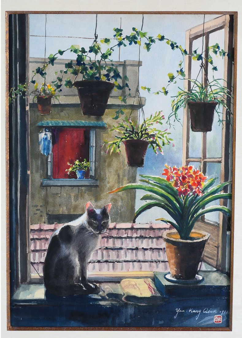 YAN-KANG QIAN PAINTNG SIAMESE CAT IN THE WINDOW: QIAN, Yan-Kang, (Chinese, 20th Century): Hanging Plants and Siamese Cat Window Study, Watercolor, sight size 20" x 14", signed lower right, dated 1988, framed, 29" x 23.5".