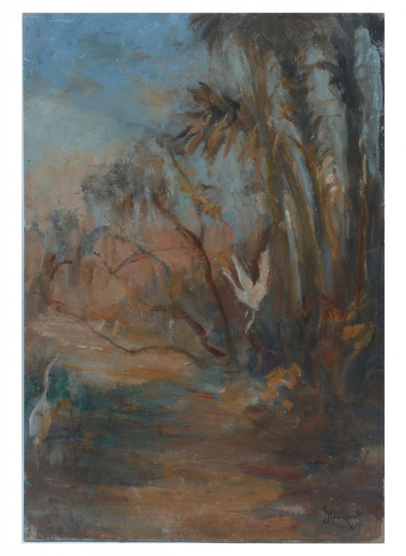 CATHERINE STOCKWELL FLORIDA LANSCAPE WITH HERONS: STOCKWELL, Catherine Haynes, (American, 1895-1983): Shoreline Scene with Palms and Herons, Oil/Board, 19.25" x 13.5", signed lower right, unframed.