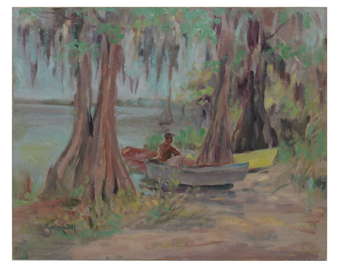 CATHERINE STOCKWELL FLORIDA PAINTING: STOCKWELL, Catherine Haynes, (American, 1895-1983): Florida Shoreline with Cypress Boats and Figure, Oil/Board, 16" x 20", signed lower left, unframed.