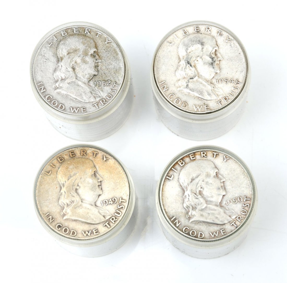 4 BEN FRANKLIN SILVER HALF DOLLAR ROLLS: 4 BEN FRANKLIN SILVER HALF DOLLAR ROLLS: Mixed years of Benjamin Franklin Silver half dollar rolls. All ungraded.