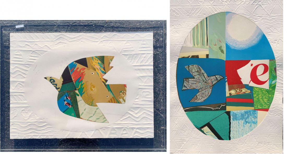 2 PIECE MAX PAPART ETCHING AND CARBORUNDUM LOT: PAPART, Max, (French, 1911-1994): 1) Abstract Oval Composition with Birds and Other Images, entire piece is 30" x 21.5", signed in pencil lower right, numbered 109/135 lower left; 2) Dove in Flight, C