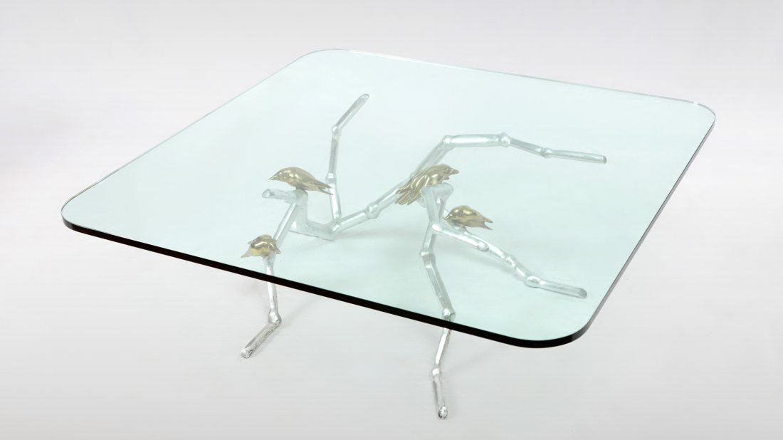 CHRISTIAN TECHOUEYRES BRONZE SILVER COFFEE TABLE: CHRISTIAN TECHOUEYRES BRONZE SILVER OVERLAY COFFEE TABLE: Silver overlayed bronze base in the form of branches with 5 perched birds. Thick square glass top. Signed. Approx. 16.25 h x 48" l x 48" w.