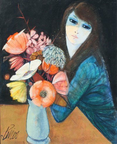 CHARLES LEVIER GIRL IN BLUE PAINTING: LEVIER, Charles, (French, 1920-): Girl in Blue, Oil/Canvas, 30" x 24", signed, framed, 33" x 27".