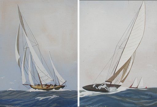 PAIR OF LEON HAFFNER SAILING PAINTINGS: HAFFNER, Leon, (French, 1881-1972): 2 sailing ships, Gouaches, sight size 16" x 11 1/4", signed, matching frames, 21" x 17".
