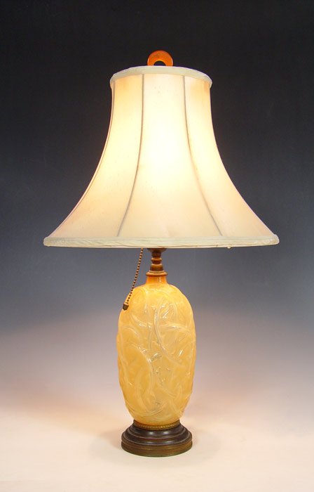 LALIQUE RONCES FRENCH ART GLASS LAMP: LALIQUE RONCES LAMP: Amber color frosted glass in an interlacing briar design. signed R. Lalique France. First created in 1921 and remained in the Lalique catalogs until 1947. The glass is 9''., the l