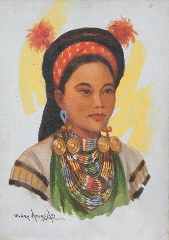 PEDRO AMORSOLO PRINCESS PAINTING: AMORSOLO, Pedro, (Philippino, 20th c.): "Kalinga", Indian Princess, OIL/Canvas, 14" x 10", signed, unframed.