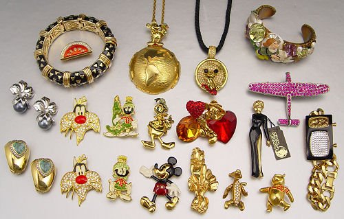 JUDITH LEIBER WENDY GELL NAPIER DISNEY JEWELRY : LOT OF JUDITH LEIBER, NAPIER DISNEY AND WENDY GELL JEWELRY: To include LEIBER black enamel bracelet in the box and Leiber watermelon pin. Signed WENDY GELL Sneezy bracelet (missing stones), airplane, 