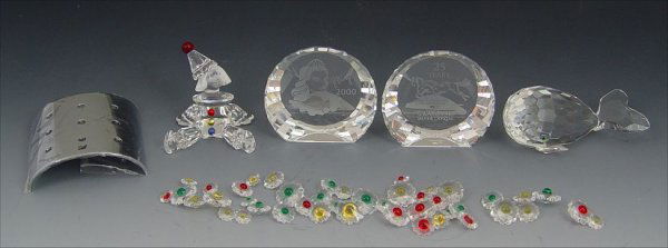SWAROVSKI CRYSTAL MISC. 5 PIECE LOT: SWAROVSKI CRYSTAL MISC. 5 PIECE LOT: 1987 Whale, Michael Stamey designer, Retired, 3 1/4"; 2000 Columbine Paperweight; 25 Year Anniversary running horses Paperweight; "When We Were Young" - 1997 Puppe