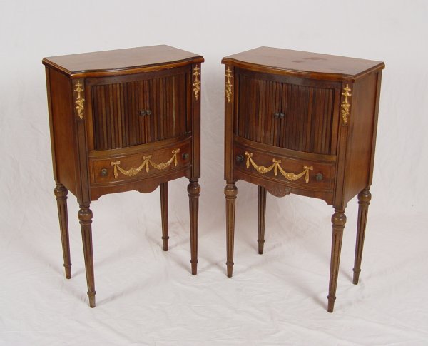 PR MAHOGANY NIGHTSTANDS, ONE WITH EMERSON RADIO: PR MAHOGANY NIGHTSTANDS ONE WITH EMERSON RADIO: Matched pair, one stand has a Emerson radio installed, the other single shelf, both behind tambour doors. Both also have false drawer.Applied gilt wood 