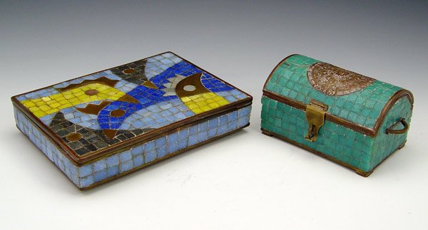 MEXICAN MOSAIC BOXES, ONE SIGNED SALVADOR: MEXICAN MOSAIC BOXES, ONE SIGNED SALVADOR: Stone mosaics to include 1) Rounded top with hinged lid, aqua blue stones and metal Mayan sun calendar decoration. Brass body with felt lining. Marked Hecho 