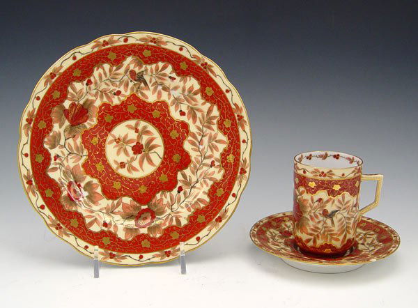 HAND PAINTED AUSTRIAN PORCELAIN demi-tasse & plat: HAND PAINTED AUSTRIAN PORCELAIN COFFEE AND DESSERT SET: Rich iron red and gold. Made in Austria, unidentified red wing mark over glaze. Includes 8 demi-tasse cups and saucers, and 8 plates. One cup wi