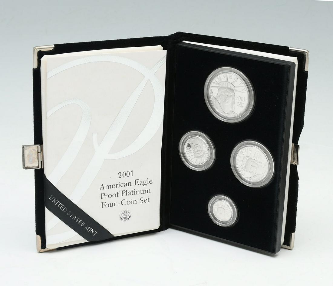 2001 AMERICAN EAGLE PROOF PLATINUM 4- COIN SET: 2001 AMERICAN EAGLE PROOF PLATINUM 4- COIN SET: Comprising; 1- One Ounce, One Hundred dollar coin, 1- Half-Ounce, Fifty dollar coin, 1- Quarter-Ounce, Twenty-Five dollar coin, & 1- Tenth-Ounce, Ten do