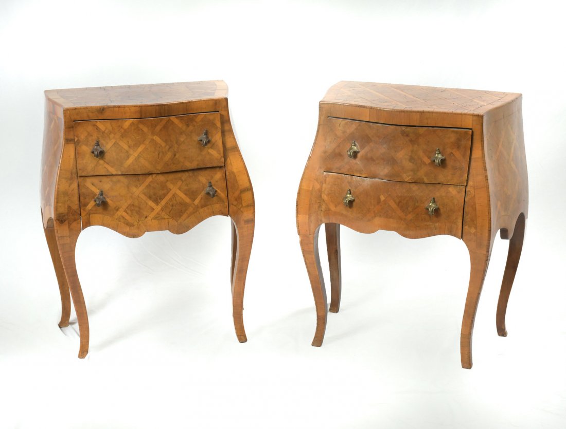 PAIR OF PARQUETRY BOMBE 2 DRAWER STANDS: PAIR OF PARQUETRY BOMBE 2 DRAWER STANDS: Pair of Italian Neoclassical-Style Parquetry bombe 2 drawer nightstands. Raised on cabriole legs. Approx. 29'' h x 24.75'' l x 15.5'' w.