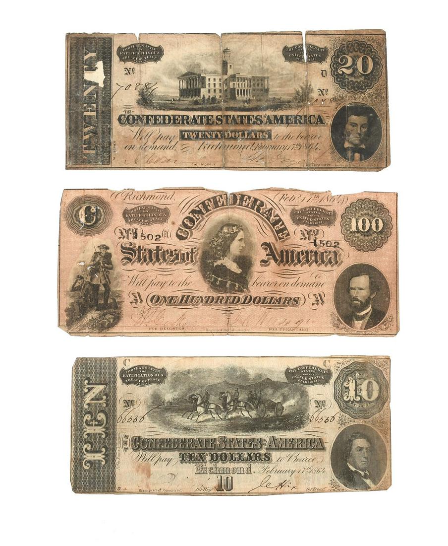 3 PC. CONFEDERATE BILL COLLECTION: 3 PC. CONFEDERATE BILL COLLECTION; Comprising; 1- One Hundred dollar Confederate States of America note, serial #1502, hand signed, dated 1864. 1- Twenty dollar note, serial #70884, handwritten & sign