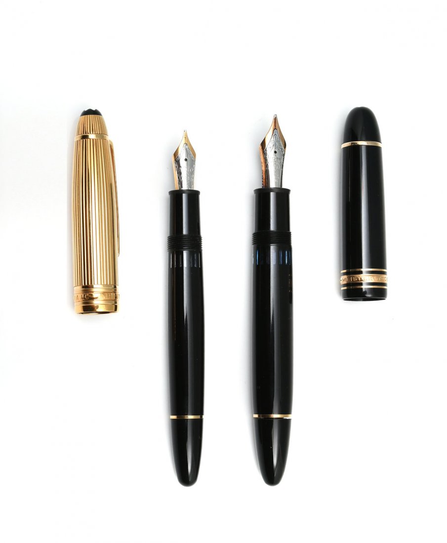 2 PC. MONTBLANC #4810 MEISTERSTUCK GOLD FOUNTAIN PEN: 2 PC. MONTBLANC #4810 MEISTERSTUCK GOLD FOUNTAIN PENS: A pair of very gently used, possibly unused, 4810 Montblanc Meisterstuck fountain pens, black with gold accents. 14K & 18K nibs. Both Approx. 5.7