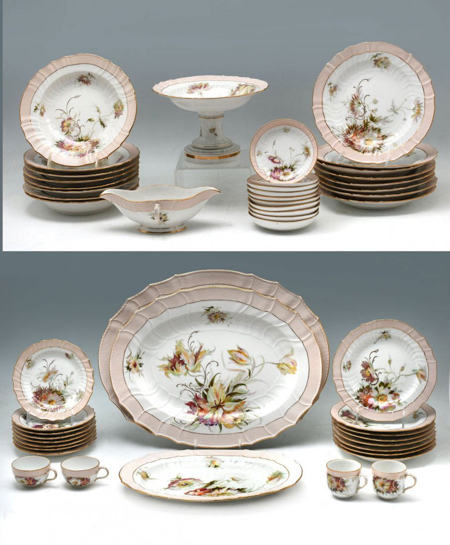 51 PC. BERLIN KPM PORCELAIN CHINA SERVICE: 51 PC. BERLIN KPM PORCELAIN CHINA SERVICE: Comprising; 3- Large graduated serving platters, 8- Dinner plates, 8- Soup bowls, 10- Ice cream bowls, 8- Luncheon plates, 8- Bread plates, 2- Chocolate cups