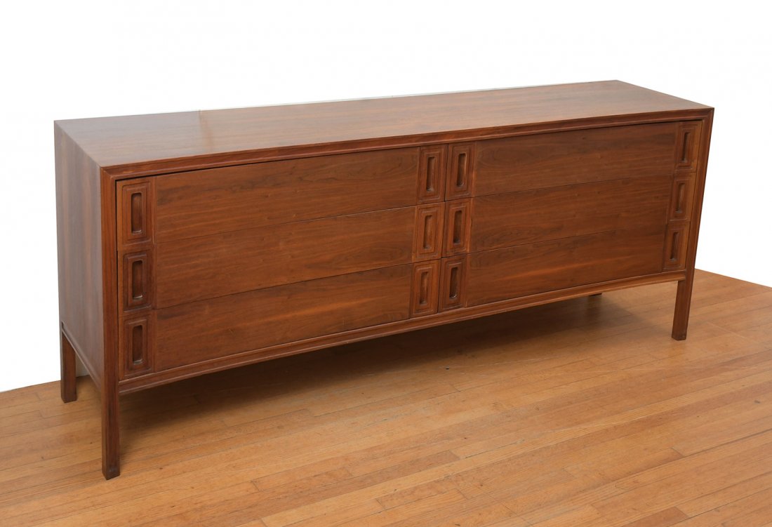 PETER WESSEL NORWAY MID CENTURY SIDEBOARD: GORGEOUS PETER WESSEL MID-CENTURY SIDEBOARD: Made in Norway, by Peter Wessel, having a concave front with 6 drawers. Raised on square legs. Paper tag resides in the top right interior. Approx. 34" h x