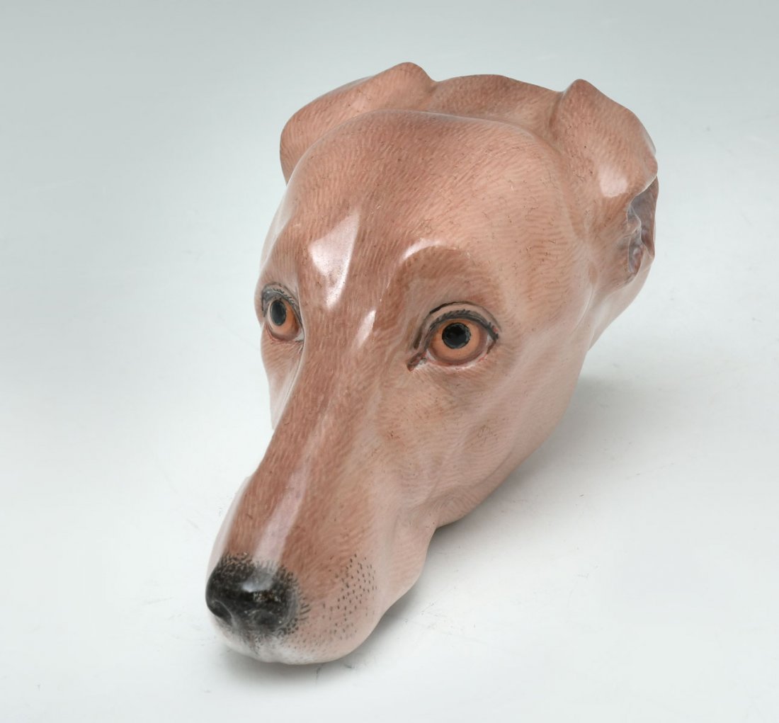 KPM PORCELAIN GREYHOUND STIRRUP CUP: KPM PORCELAIN GREYHOUND STIRRUP CUP: Finely painted 19th century KPM porcelain Stirrup cup. These cups were traditionally given when the recipient was in the stirrups, and was ready to depart. KPM mar