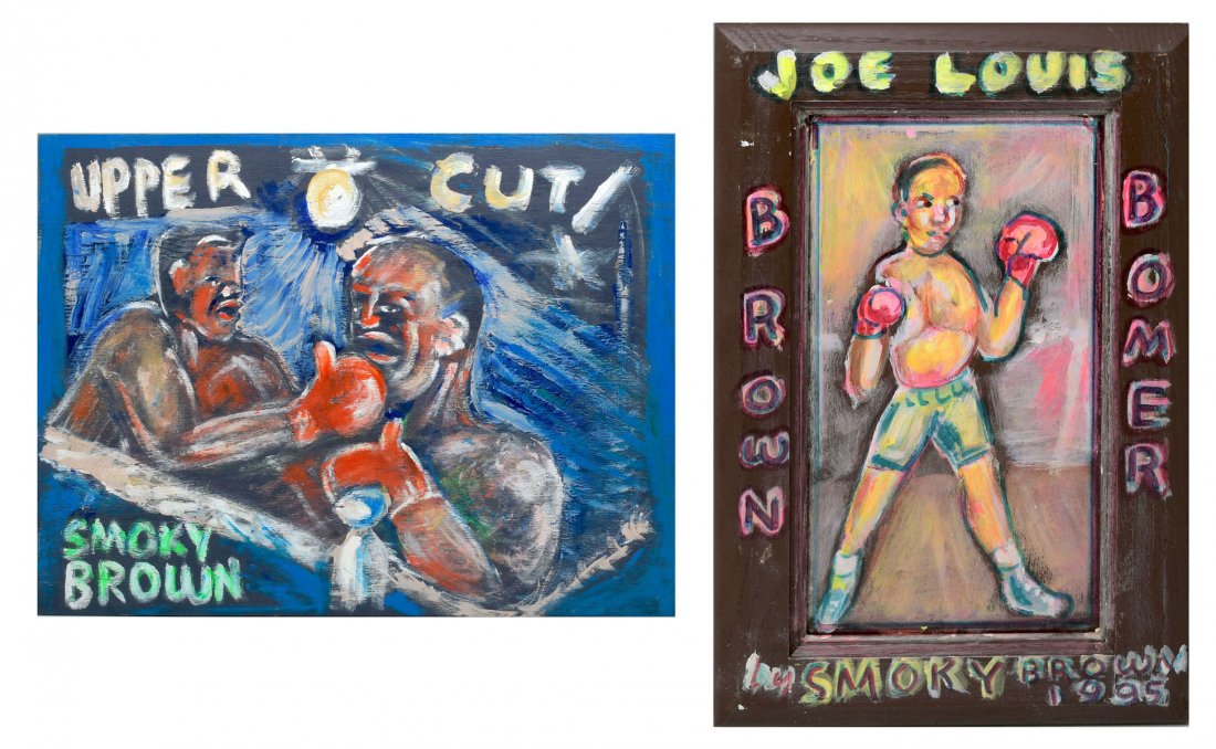 TWO PIECE SMOKY BROWN ART LOT: BROWN, Smoky, (American, 1917-2005): Two piece art lot to include, 1) "Joe Louis Brown Bomer", Oil/Wood with Painted Frame, overall dimensions, 16" x 11", signed in the lower margin, dated '95; 2) "Up