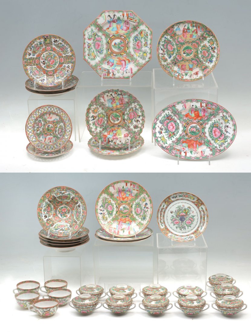 38 PC. COLLECTION OF ROSE MEDALLION CUPS & PLATES: 38 PC. COLLECTION OF ROSE MEDALLION CUPS & PLATES: Comprising; Pierced plates, Scalloped plates, Oval plates, Octagonal plate, Bowls, Tea cups, Saucer, & Covered double handled cups. Largest Approx. 9