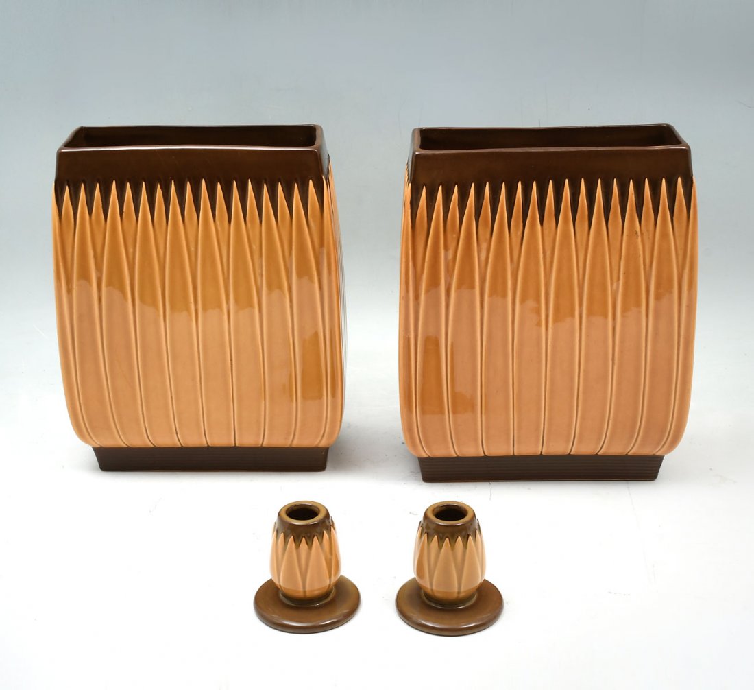 4 PC. ROSEVILLE POTTERY "LOTUS" VASES: 4 PC. ROSEVILLE POTTERY "LOTUS" VASES: Comprising; 2- Large pillow vases, # L4-10". & 2- Candle holders, # L5-2.5". Largest Approx. 10.5" h x 8.5" l x 4" w.