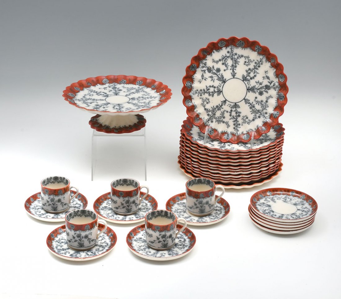 EARLY COPELAND DESSERT SET: EARLY COPELAND DESSERT SET: 19th century Copeland Spode scalloped porcelain dessert set. Comprising; 1- Tazza, 12- Plates, 10- Saucers, 5- Tea cups, & 1- Extra Tazza top with no base. Largest Approx.