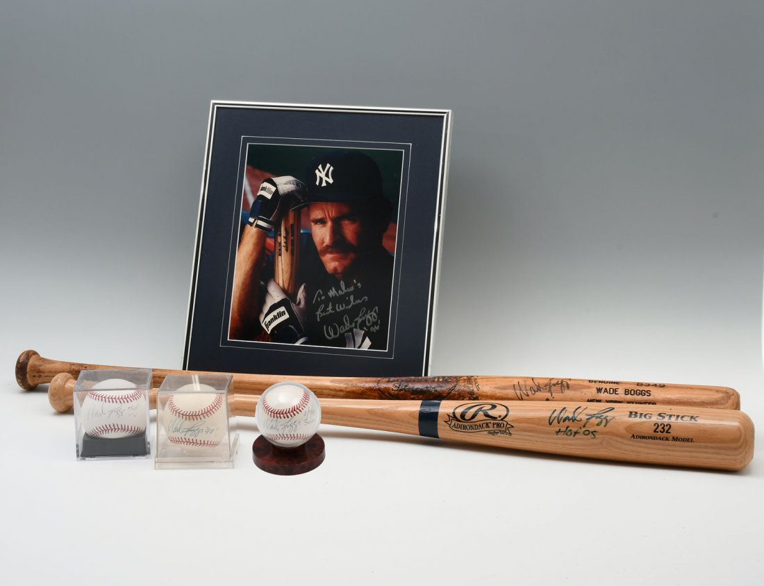 BOGGS SIGNED GAME BAT, BALLS, & PHOTO: BOGGS SIGNED GAME BAT, BALLS, & PHOTO: Comprising; 1- Hall of Fame signed bat, 1- 1999 signed Game used bat, 3- signed baseballs, & 1- Autographed photo. Largest 34.25" l.