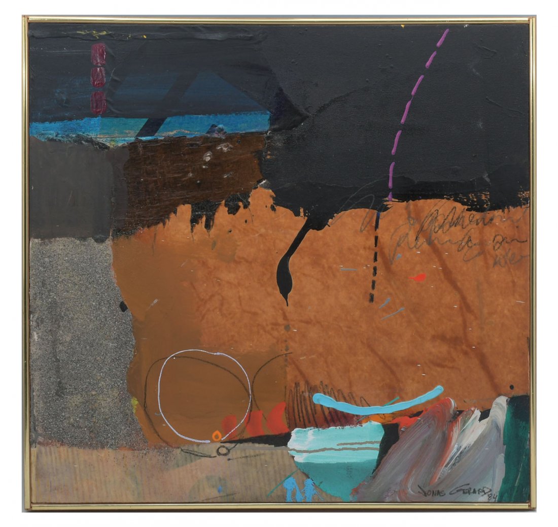 JONAS GERARD ABSTRACT PAINTING: GERARD, Jonas, (American, 1941-): Transformation 19, Mixed Media on Canvas, 26" x 27.25", signed lower right and dated '84, signed on the canvas verso, titled and dated, original label affixed to stre