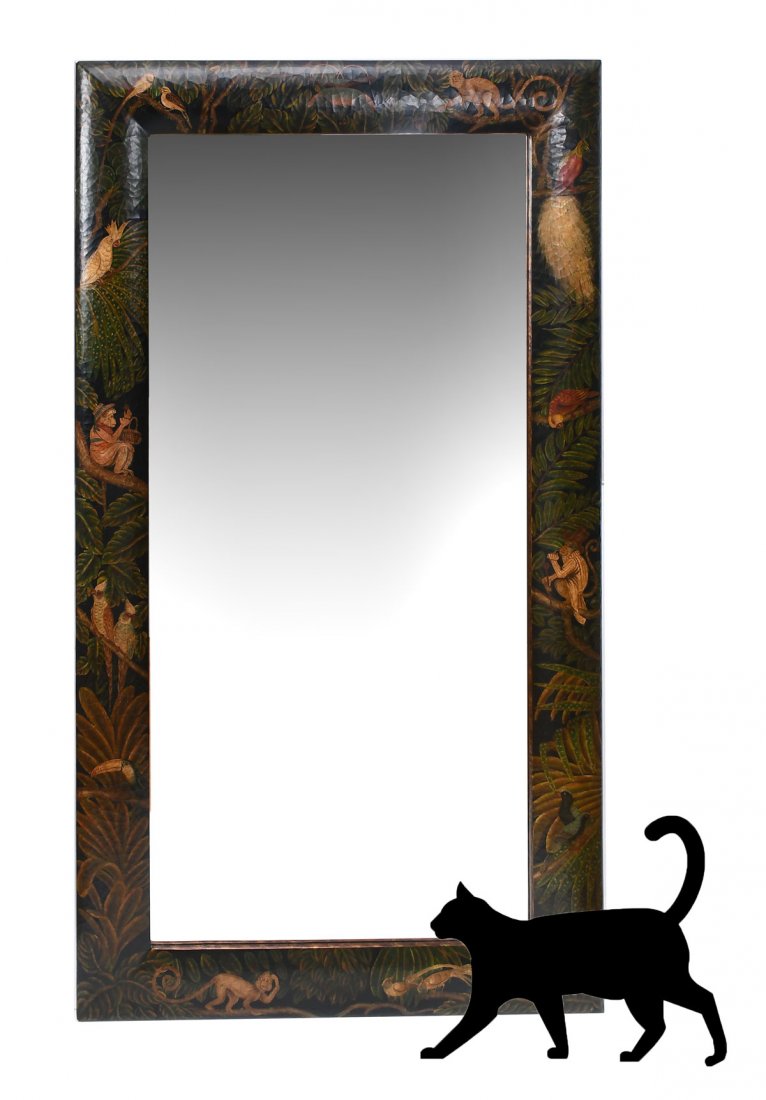 LARGE MAITLAND SMITH JUNGLE MIRROR: LARGE MAITLAND SMITH JUNGLE MIRROR: Large Maitland Smith hall mirror, having a painted jungle foliate theme with monkeys & birds perched upon branches. Beveled mirror. Approx. 72" h x 40" w.