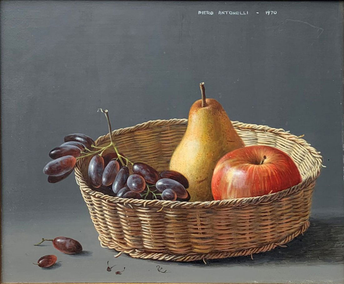 PIERO ANTONELLI STILL LIFE PAINTING: ANTONELLI, Piero, (Italian, 1916-1990): Still Life Grapes, Pear, and Apple in a Woven Basket, Oil/Masonite, 9.75" x 11.75", signed upper right and dated 1970, framed, 18.25" x 21".