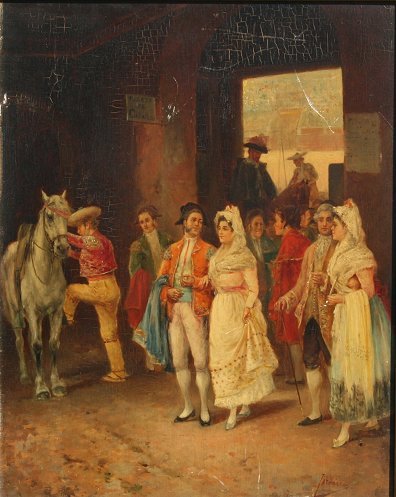 SPANISH BULLFIGHT PAINTING JARDINES: JARDINES, Jose Maria, (Spanish, 1862-): ''After the Bullfight'', depicts a young matador with his lady after a victory, OIL/Panel, 16'' x 12 5/8'', signed, framed, 19 1/2'' x 16 1/2''.
